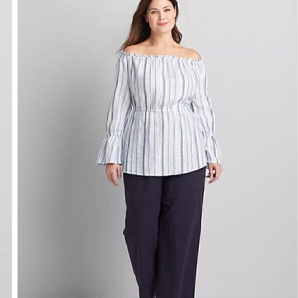 NWT Lane Bryant Linen Blend Off Shoulder Top in Blue, Silver, White - Size 14/16 - Picture 3 of 12